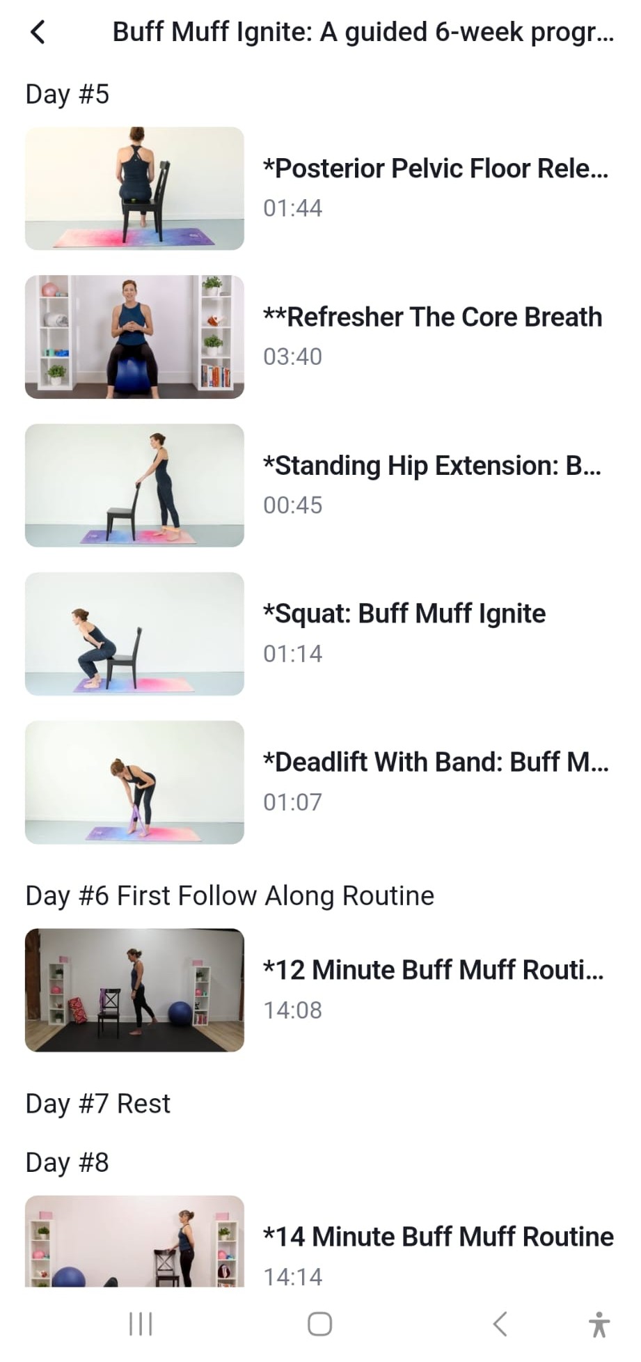 Day 5 in the Ignite app: Posterior Pelvic Floor Release 1:44 and Refresher The Core Breath 3:40