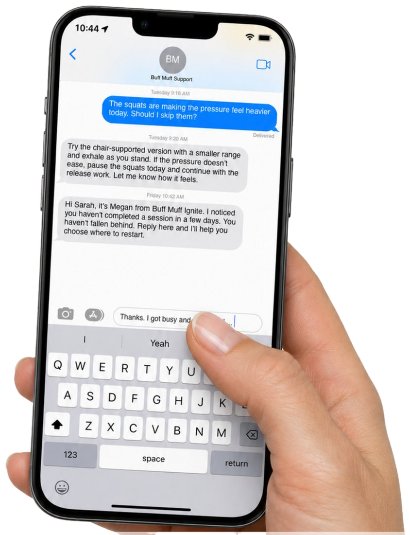 A member texting Buff Muff support and getting a modification back